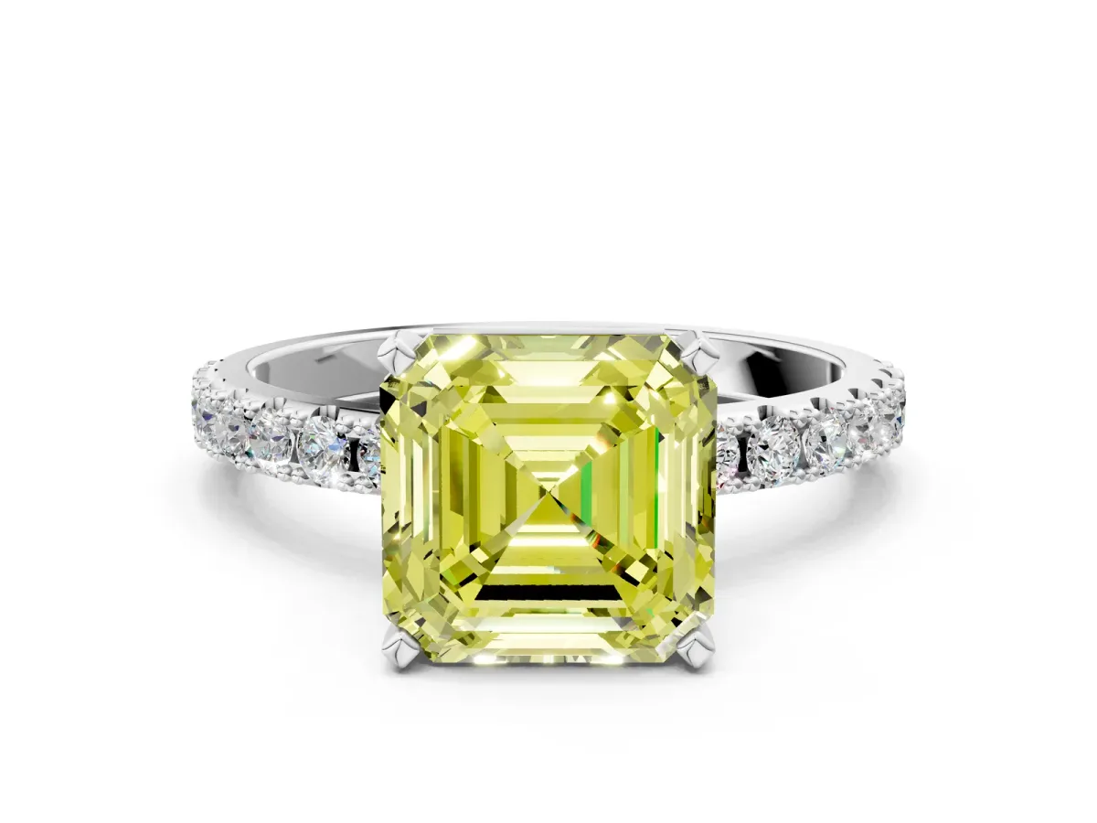Fancy Yellow Asscher Cut Diamond Solitaire Pavé Band with Four-Prong Setting Silver