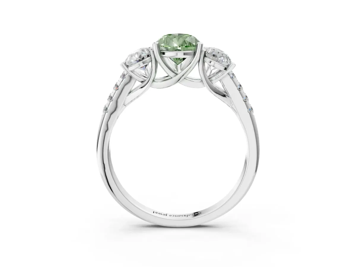 Fancy Green Three-Stone Pear Cut Diamond Ring with Round Pavé Band and Prong Setting Silver