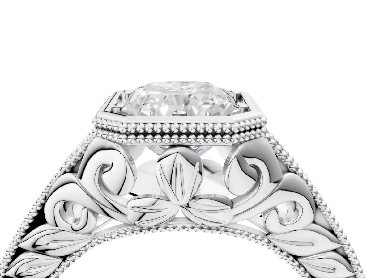 Bezel Set Radiant Cut Diamond Milgrain Pave Engagement Ring Platinum