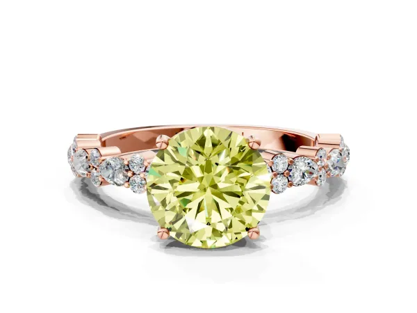 Fancy Yellow Round Cut Diamond Side Stone Solitaire Ring with Round and Four-Prong Setting Rose gold