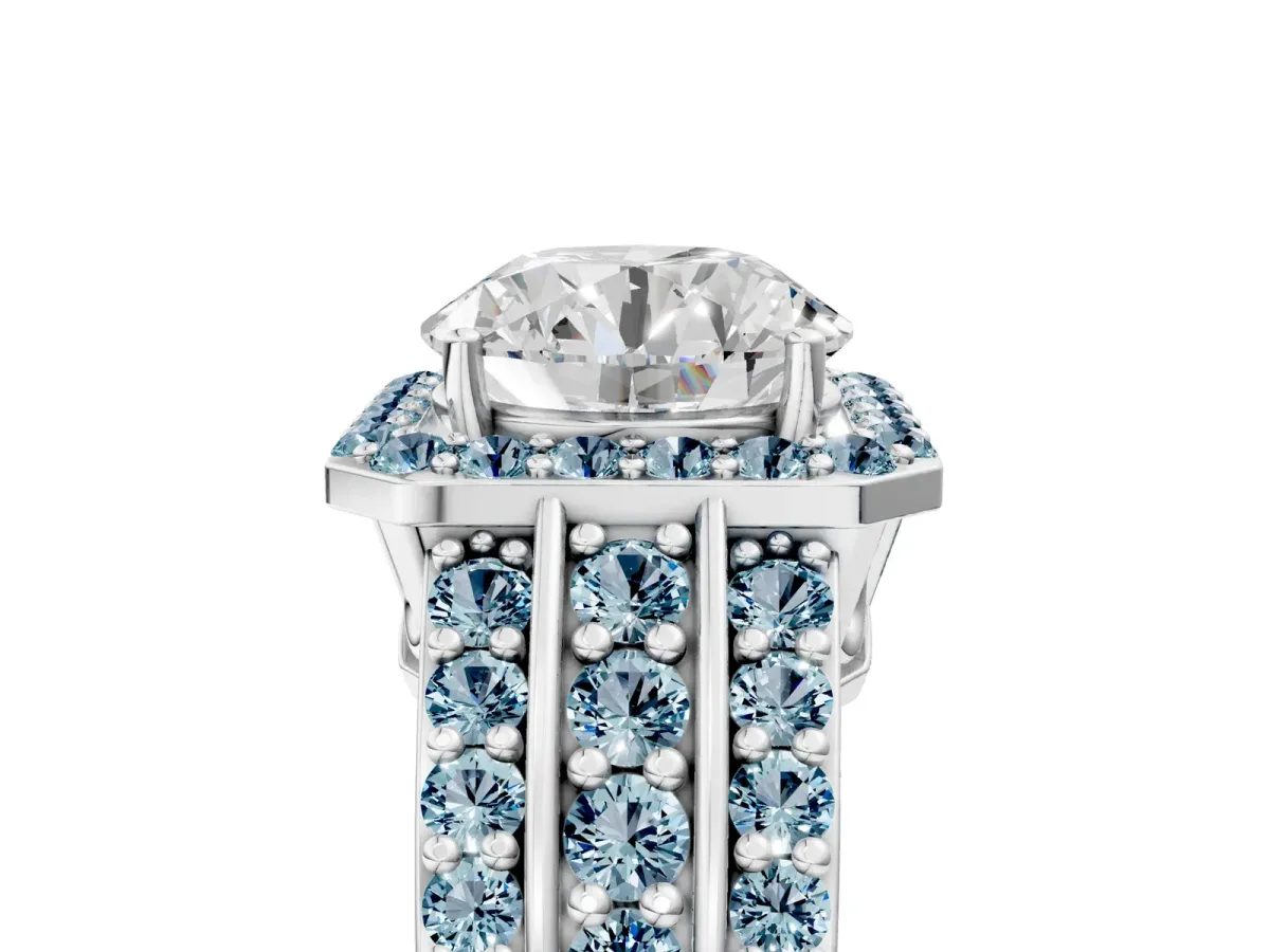 Round Cut Halo Diamond Ring with Round Aquamarine Split Shank and Prong Setting Silver