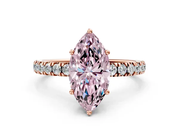 Fancy Pink Marquise Cut Diamond Pave Band Solitaire Ring with Round and Prong Setting Rose gold