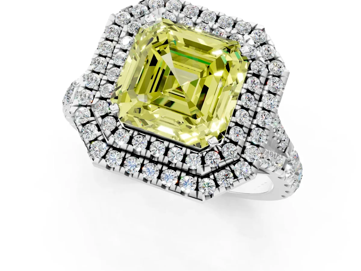 Fancy Yellow Asscher Cut Diamond Pavé Split Shank Double Halo Engagement Ring Platinum