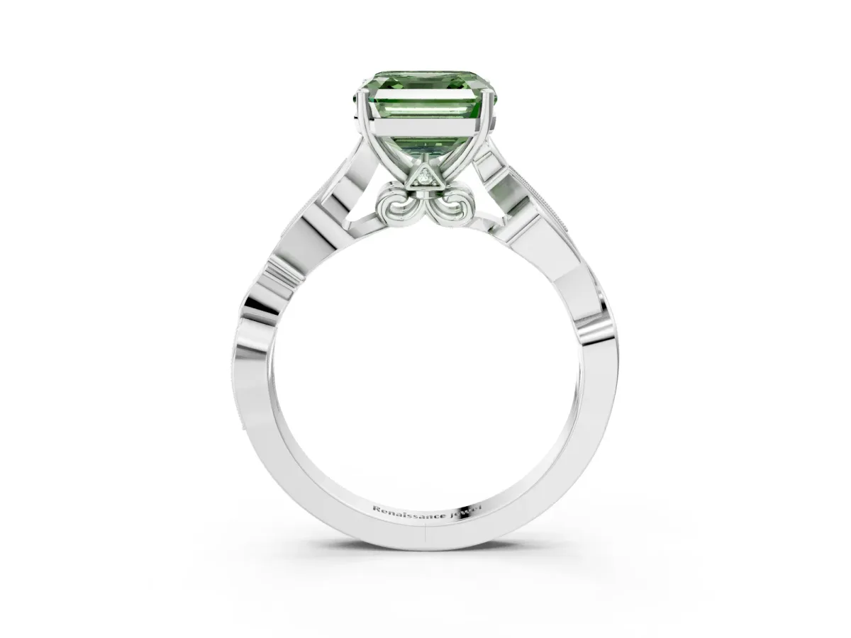 Fancy Green Asscher Cut Solitaire Vine Band with Milgrain Prong Setting Platinum