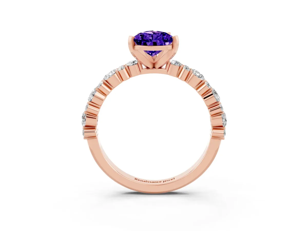 Pear Cut Tanzanite Side Stone Solitaire Ring with Round and Four-Prong Setting Rose gold