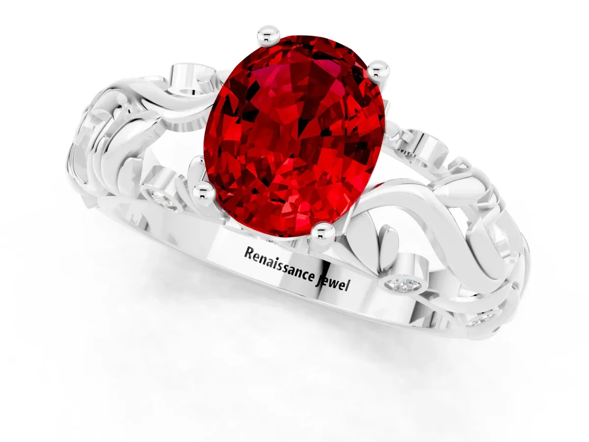 Oval Cut Solitaire Ruby Leaf-Inspired Vine Band Ring with Prong Setting White gold