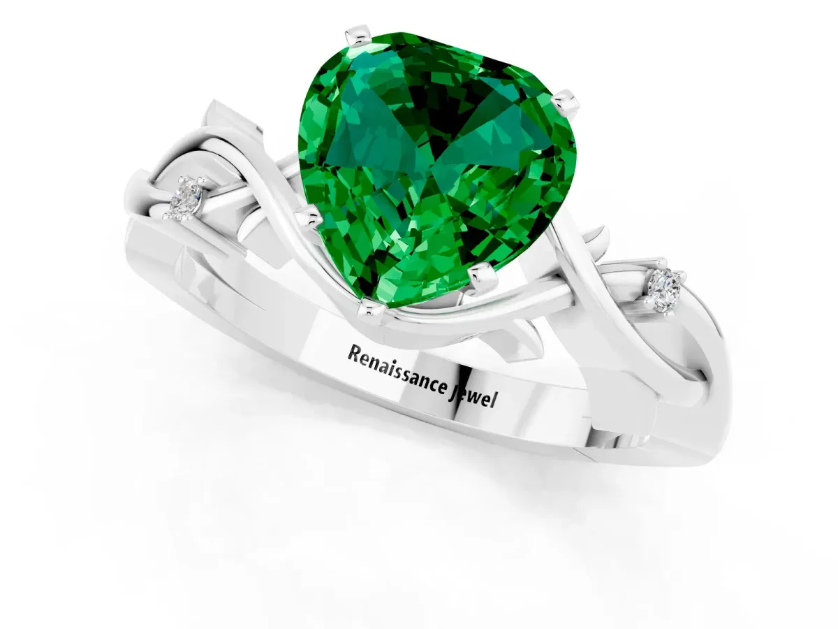 Heart Cut Emerald Solitaire Ring with Twisted Band and Prong Setting Platinum