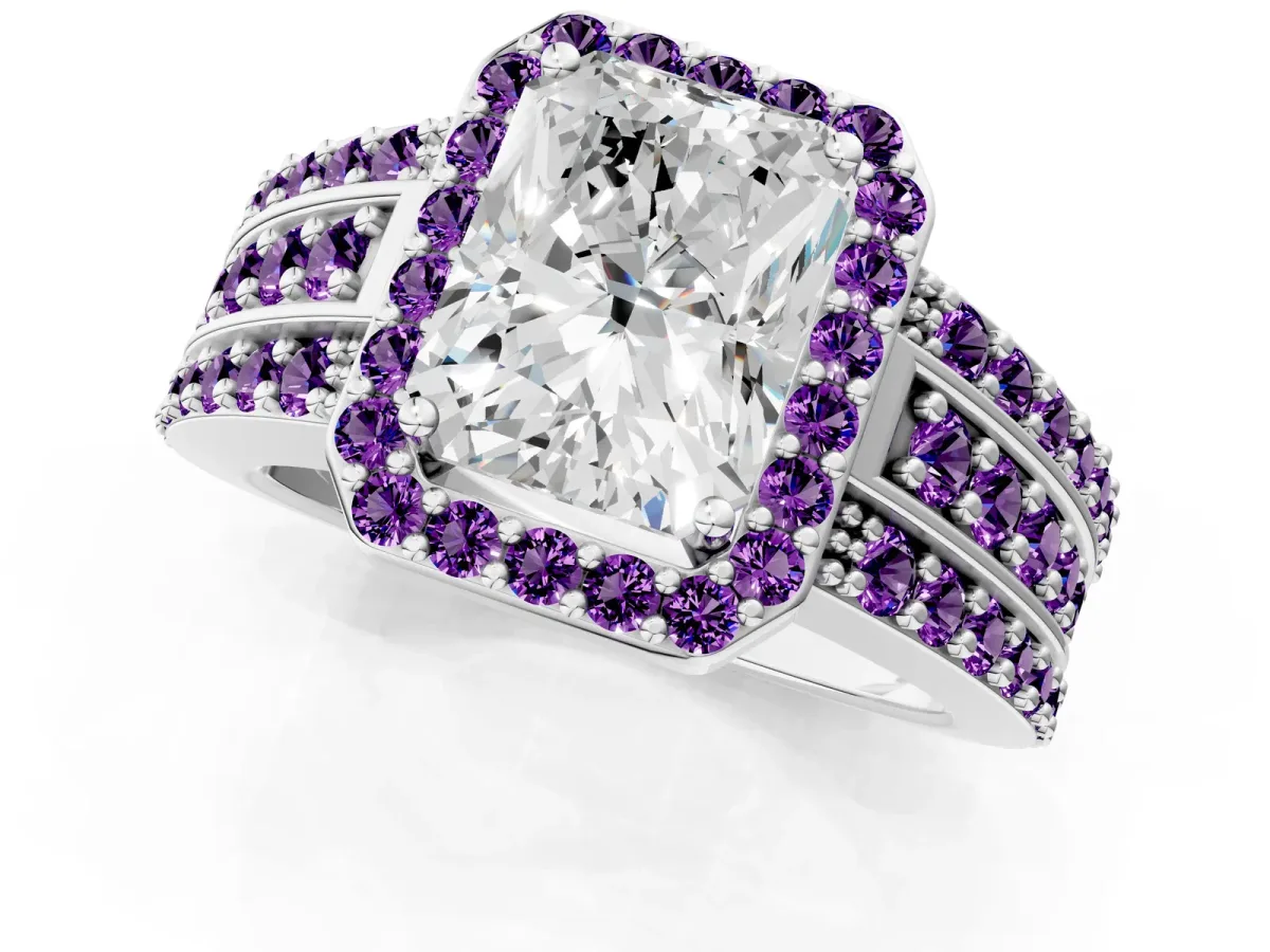 Radiant Cut Halo Diamond Ring with Round Amethyst Split Shank and Prong Setting Silver