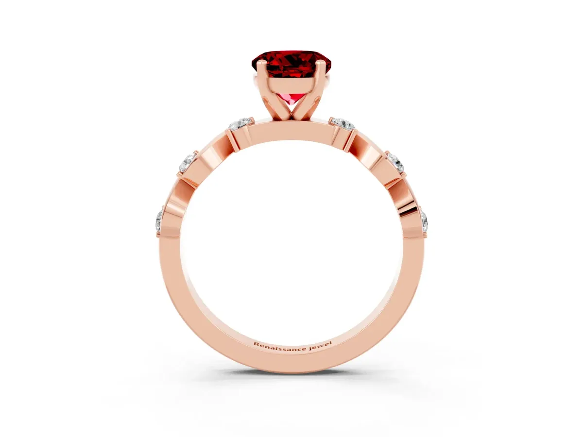 Round Cut Ruby Solitaire Twisted Band with Round Accents and Prong Setting Rose gold