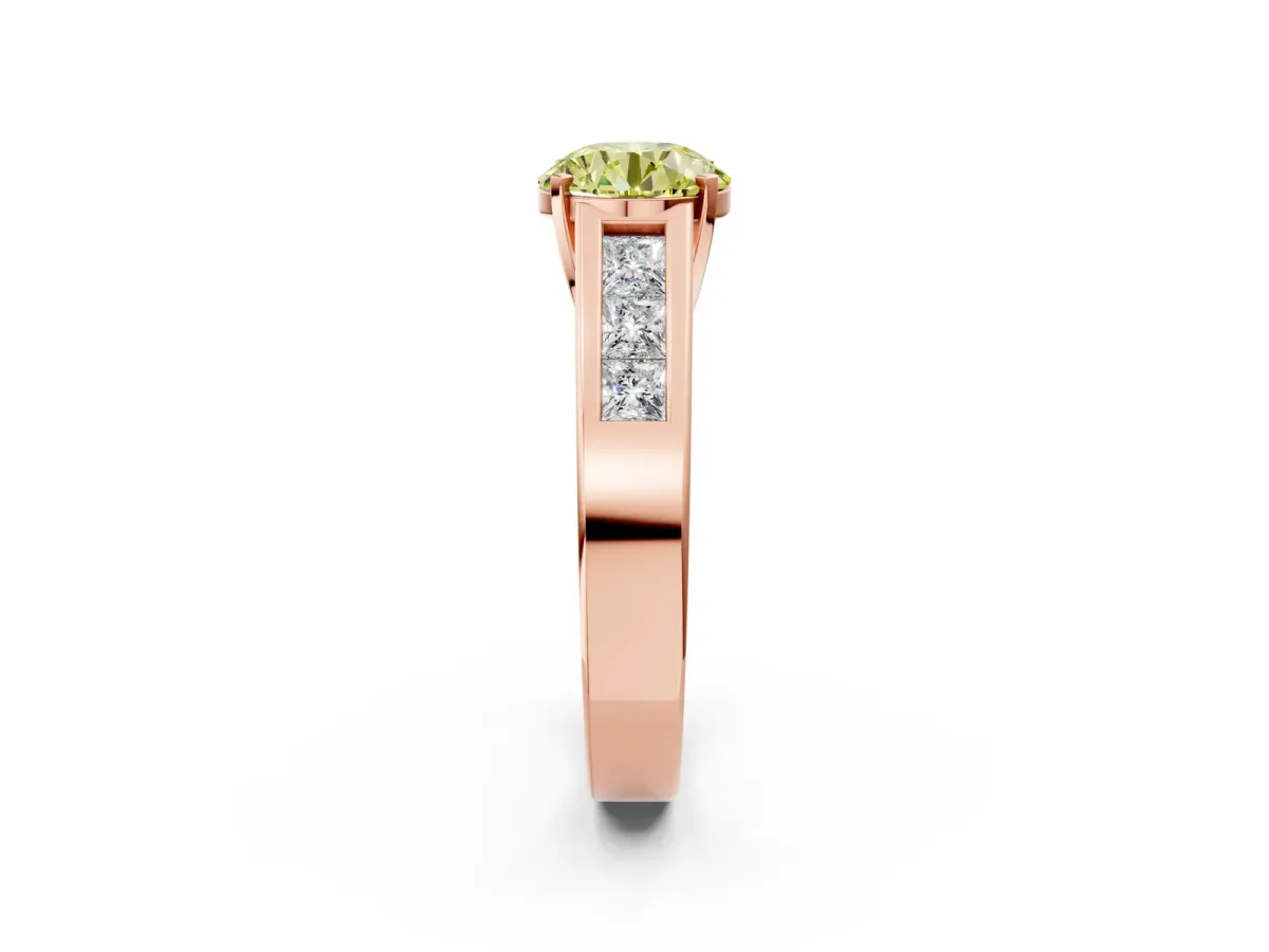 Fancy Yellow Round Cut Cut Channel Set Solitaire Ring with Four-Prong Setting Rose gold
