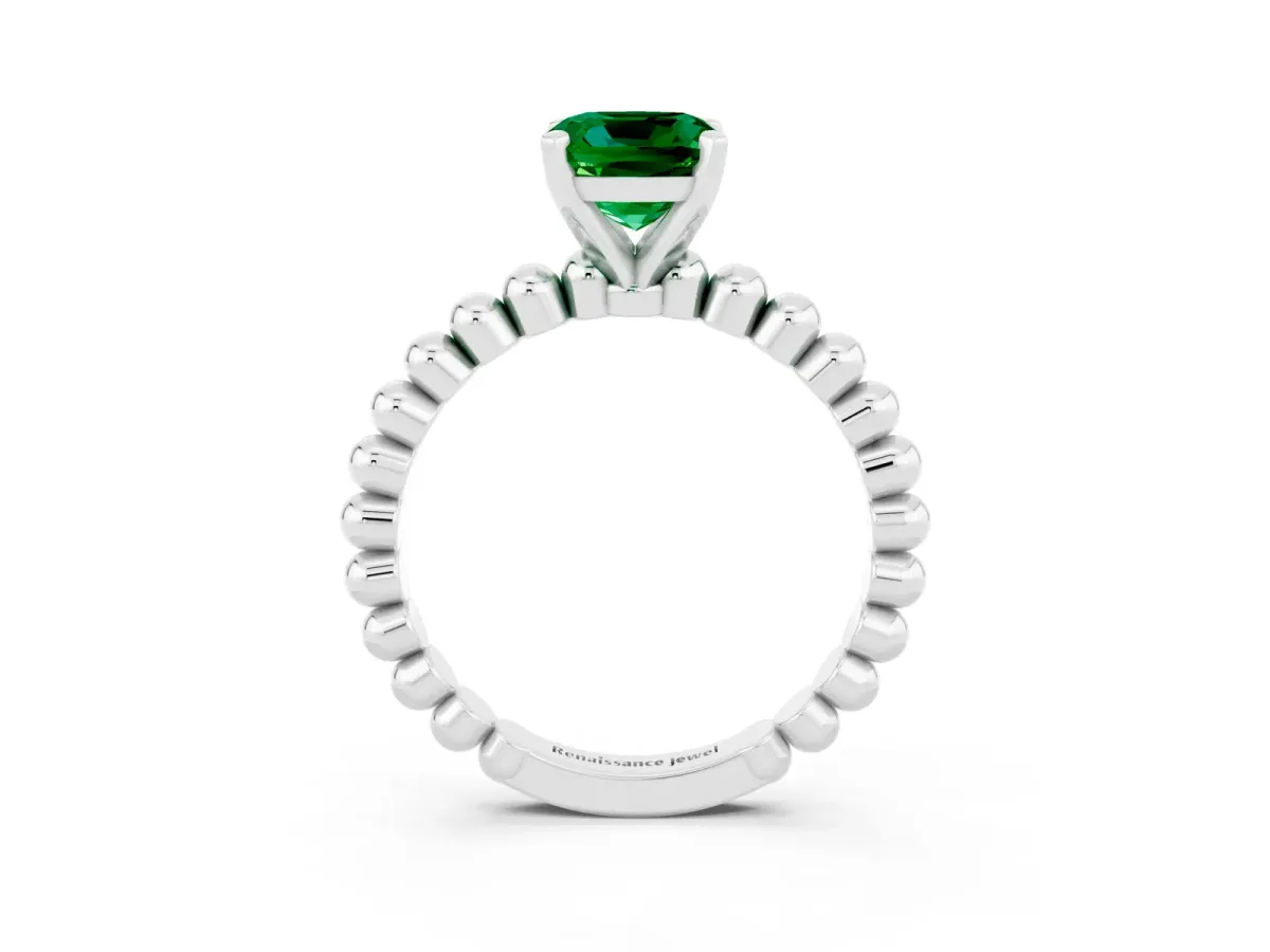 Cushion Cut Emerald Solitaire Ring with Beaded Band and Prong Setting Platinum