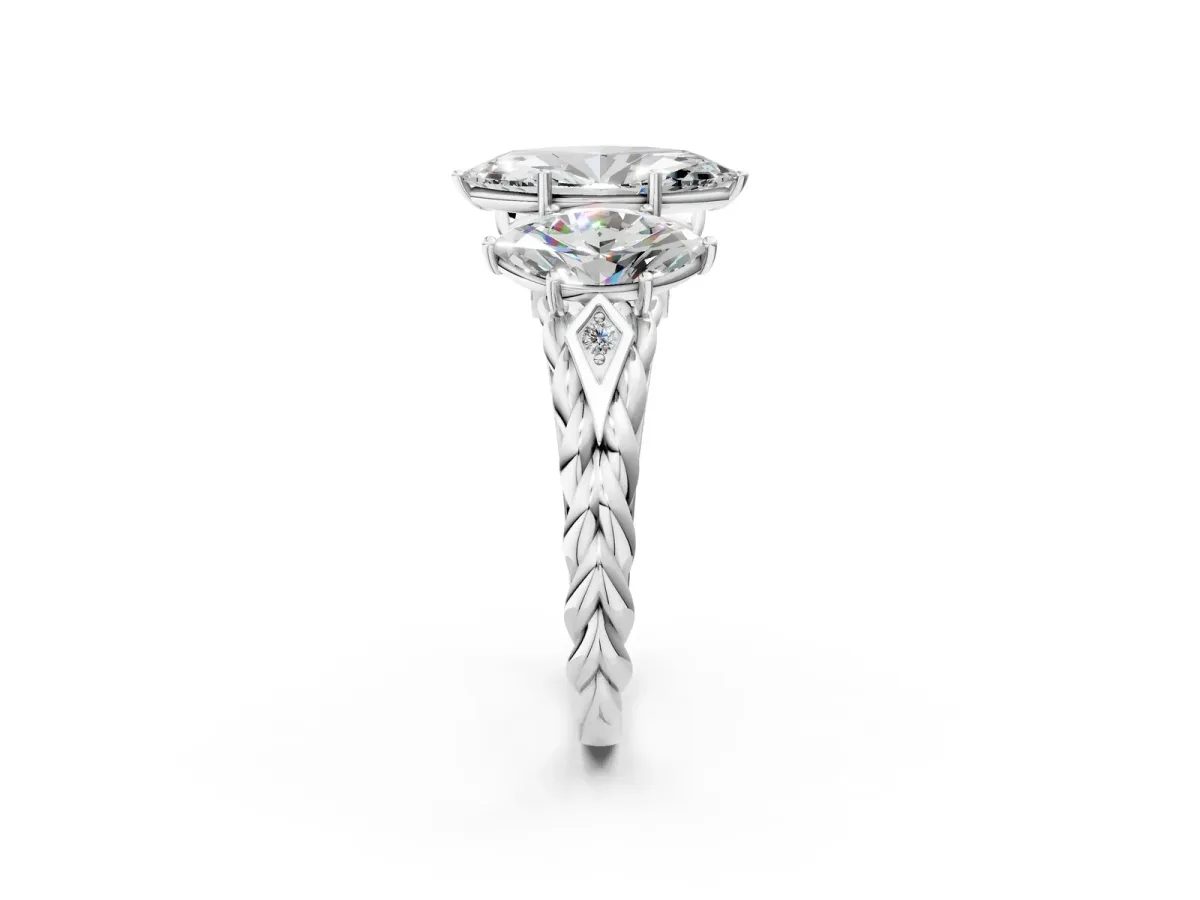 Three-Stone Marquise Cut Diamond Braided Band Ring with Four-Prong Setting White gold