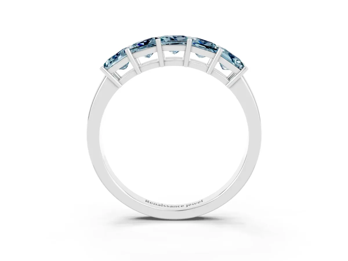 Princess Cut Five-Stone Aquamarine Band with Prong Setting Silver