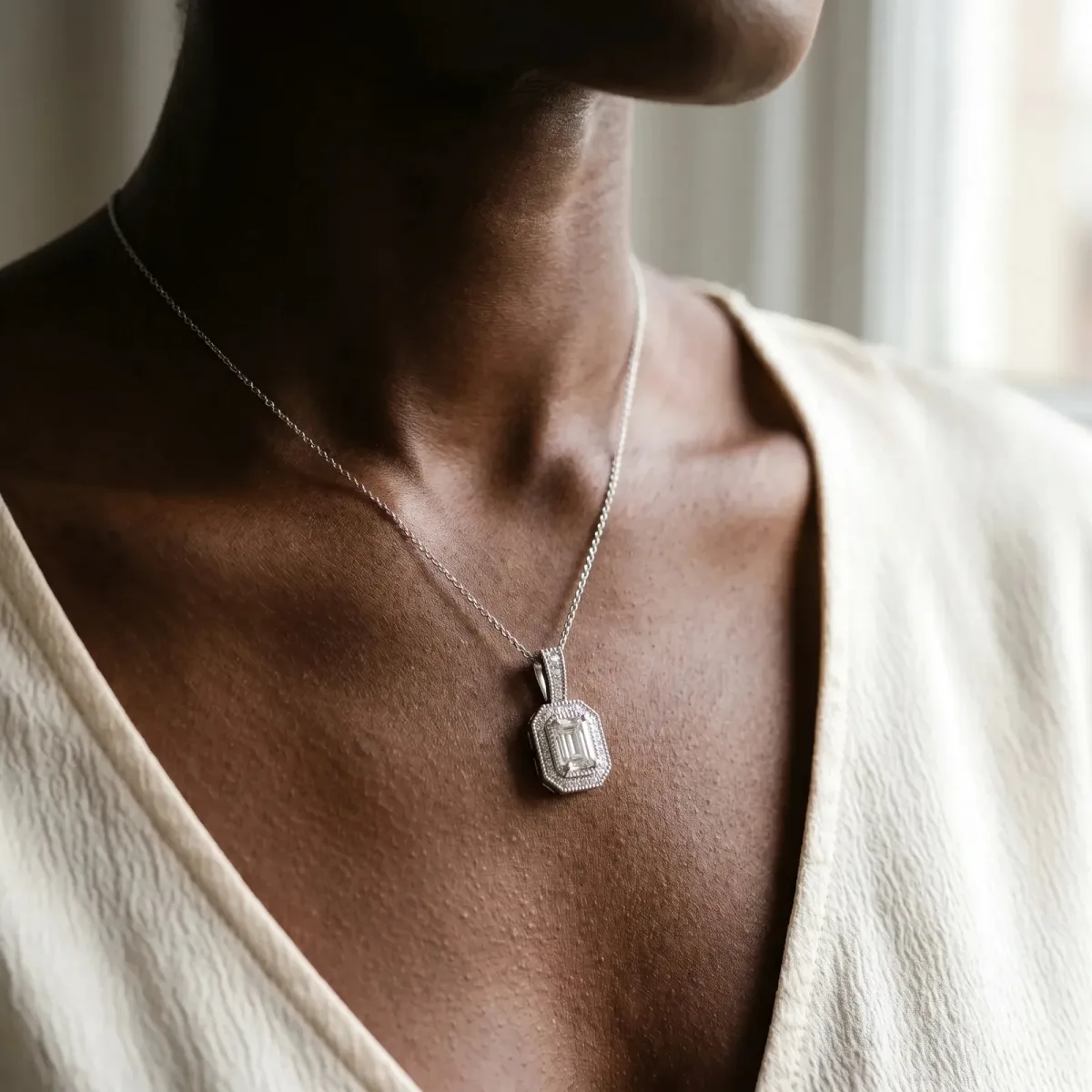 Emerald Cut Halo Diamond Pendant with Pavé Setting Silver