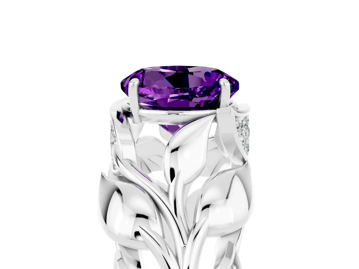 Round Cut Amethyst Leaf-Inspired Engagement Ring with Round Accents and Prong Setting Silver