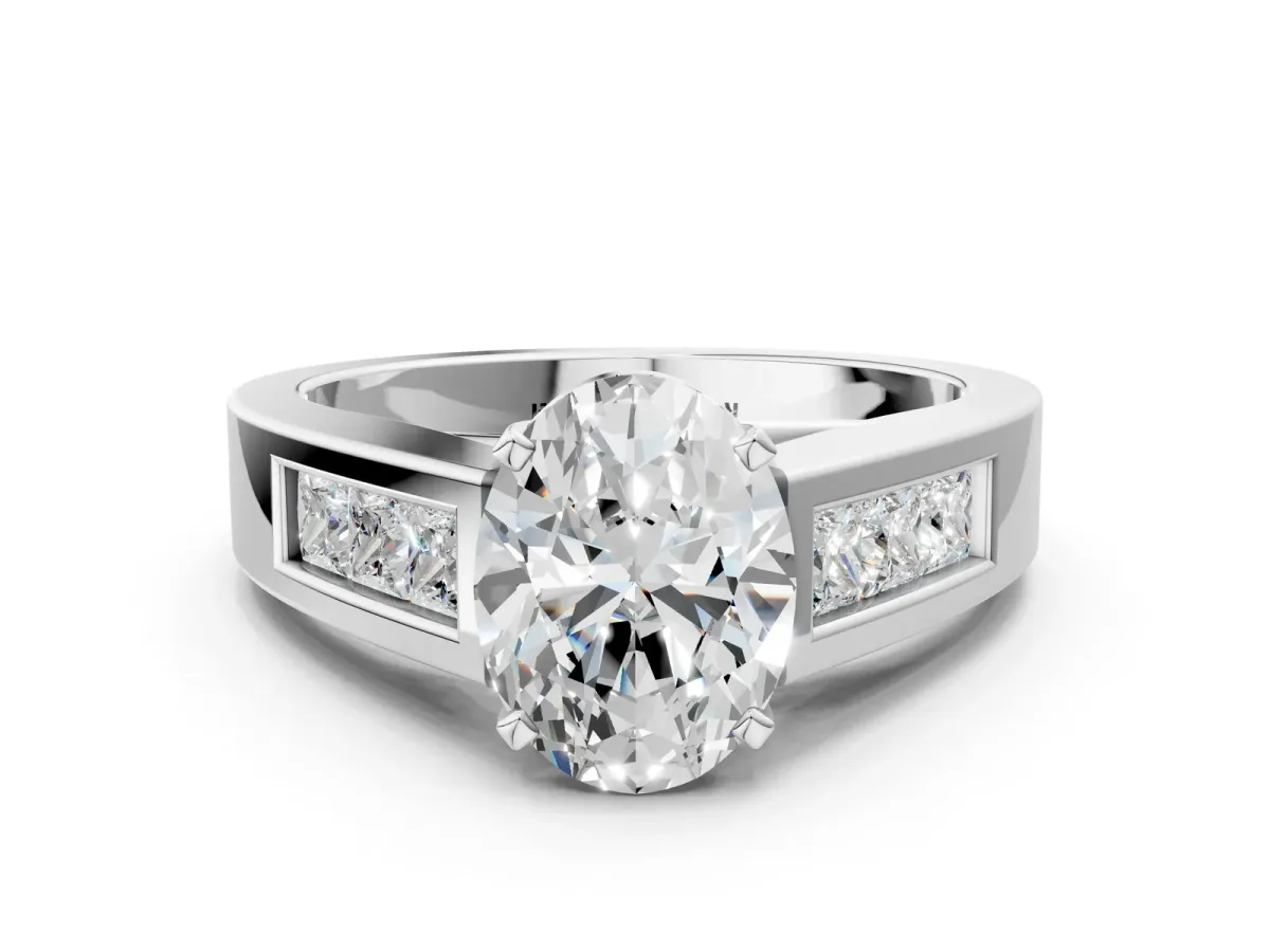 Oval Cut Cut Channel Set Solitaire Ring with Four-Prong Setting White gold