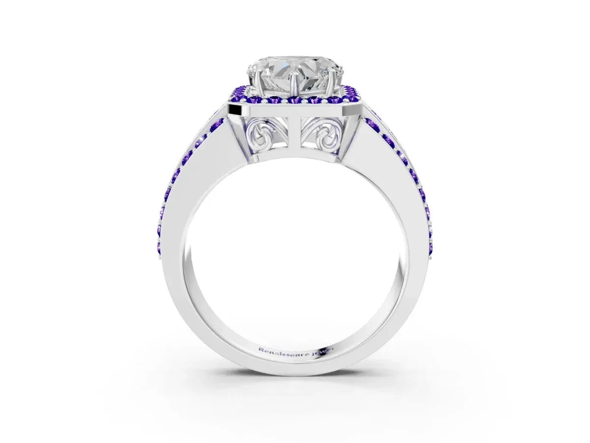 Heart Cut Halo Diamond Ring with Round Tanzanite Split Shank and Prong Setting Silver