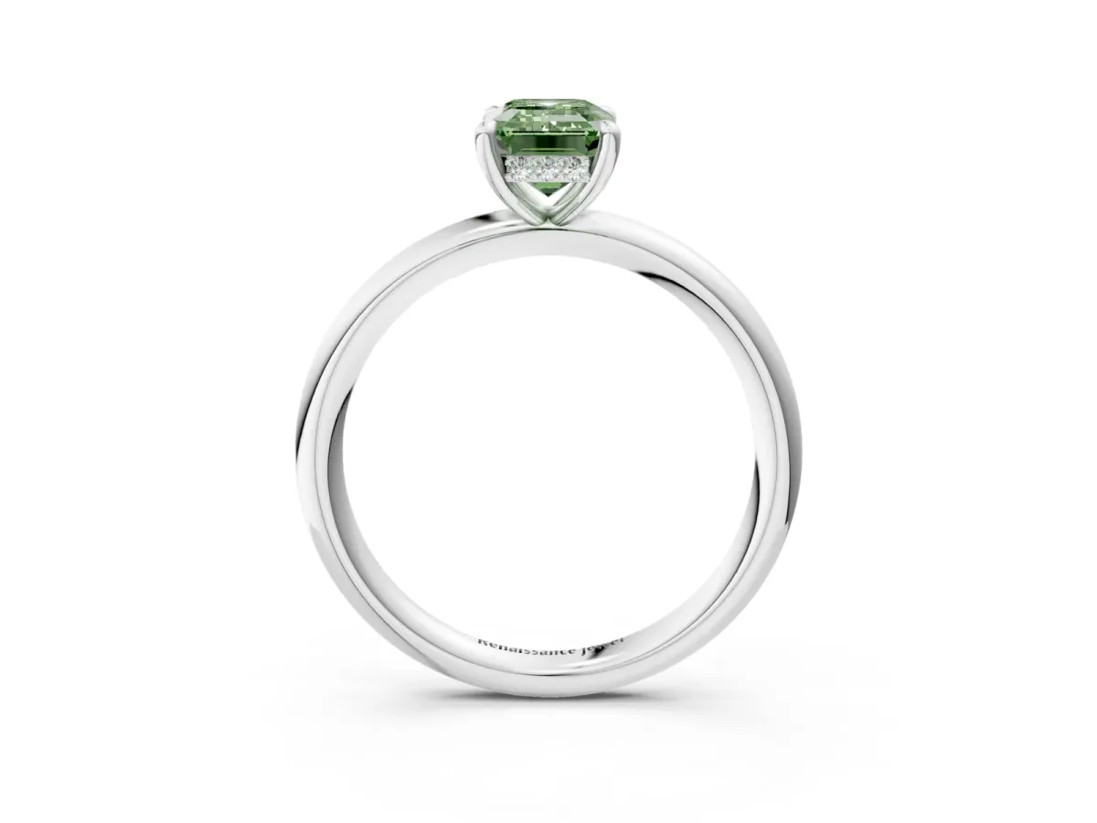 Fancy Green Emerald Cut Diamond Solitaire Ring with Thin Band and Four-Prong Setting White gold