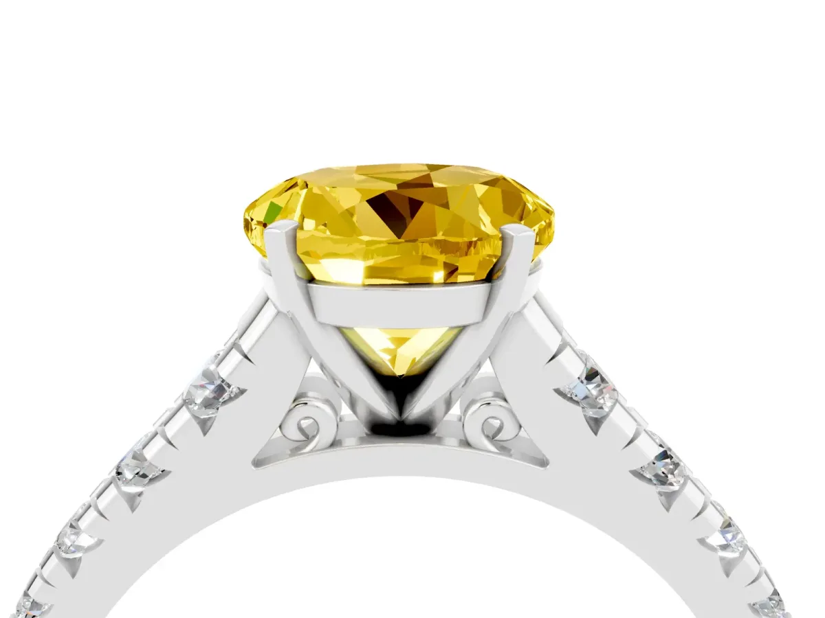 Round Cut Yellow Sapphire Cathedral Solitaire Ring with Round Pavé Band Silver