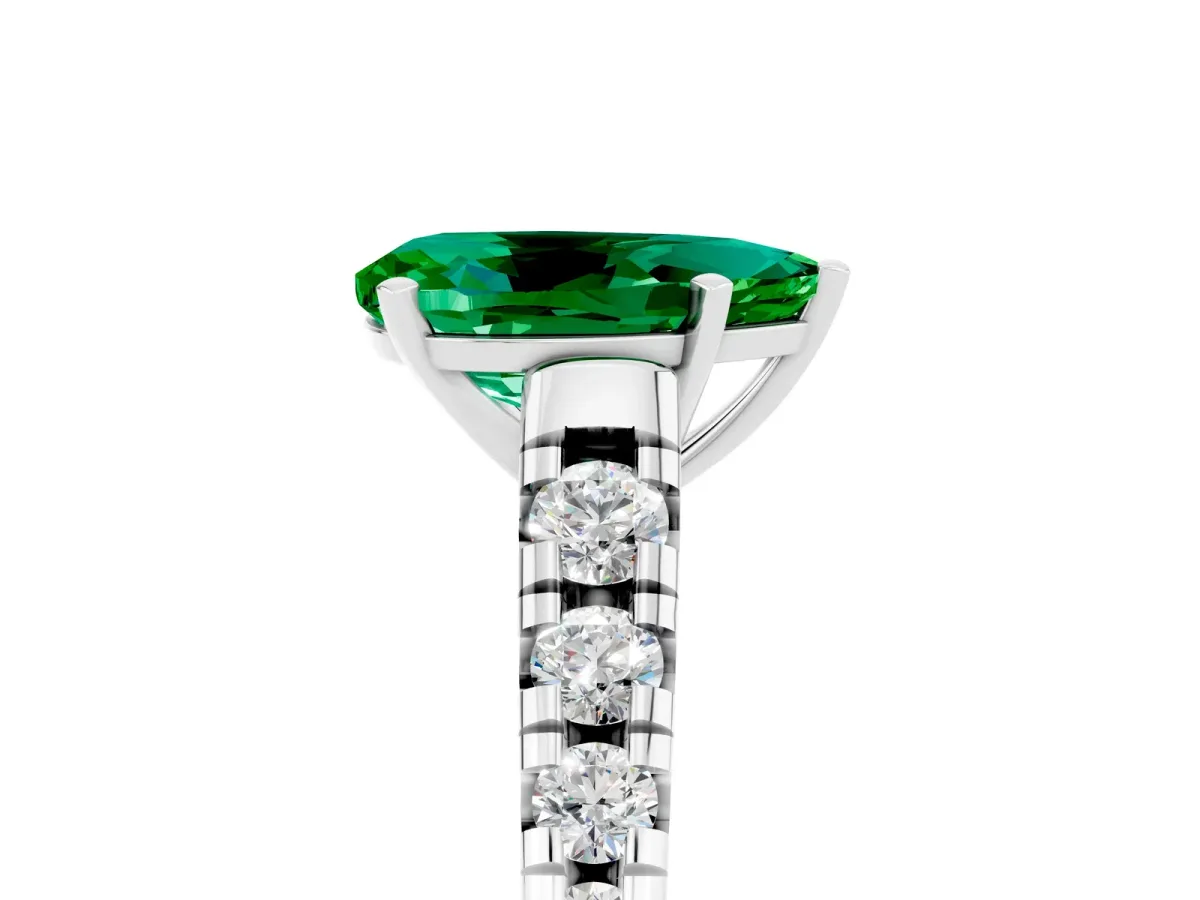 Pear Cut Emerald Cathedral Solitaire Ring with Round Pavé Band Silver