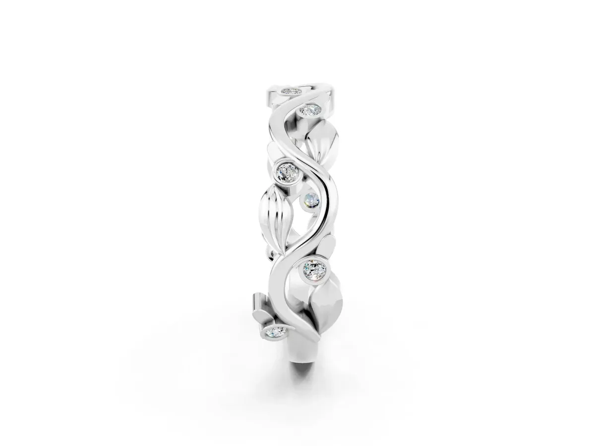 Round Moissanite Leaf Eternity Band with Bezel Setting White gold
