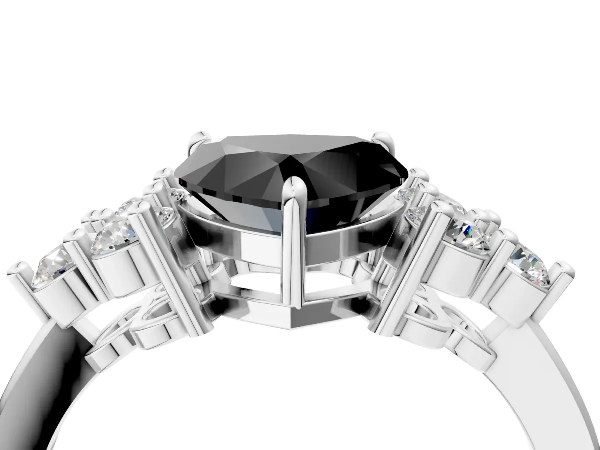 Fancy Black Heart Cut Brilliant Diamond Cluster Accent Solitaire Ring with Prong Setting Platinum