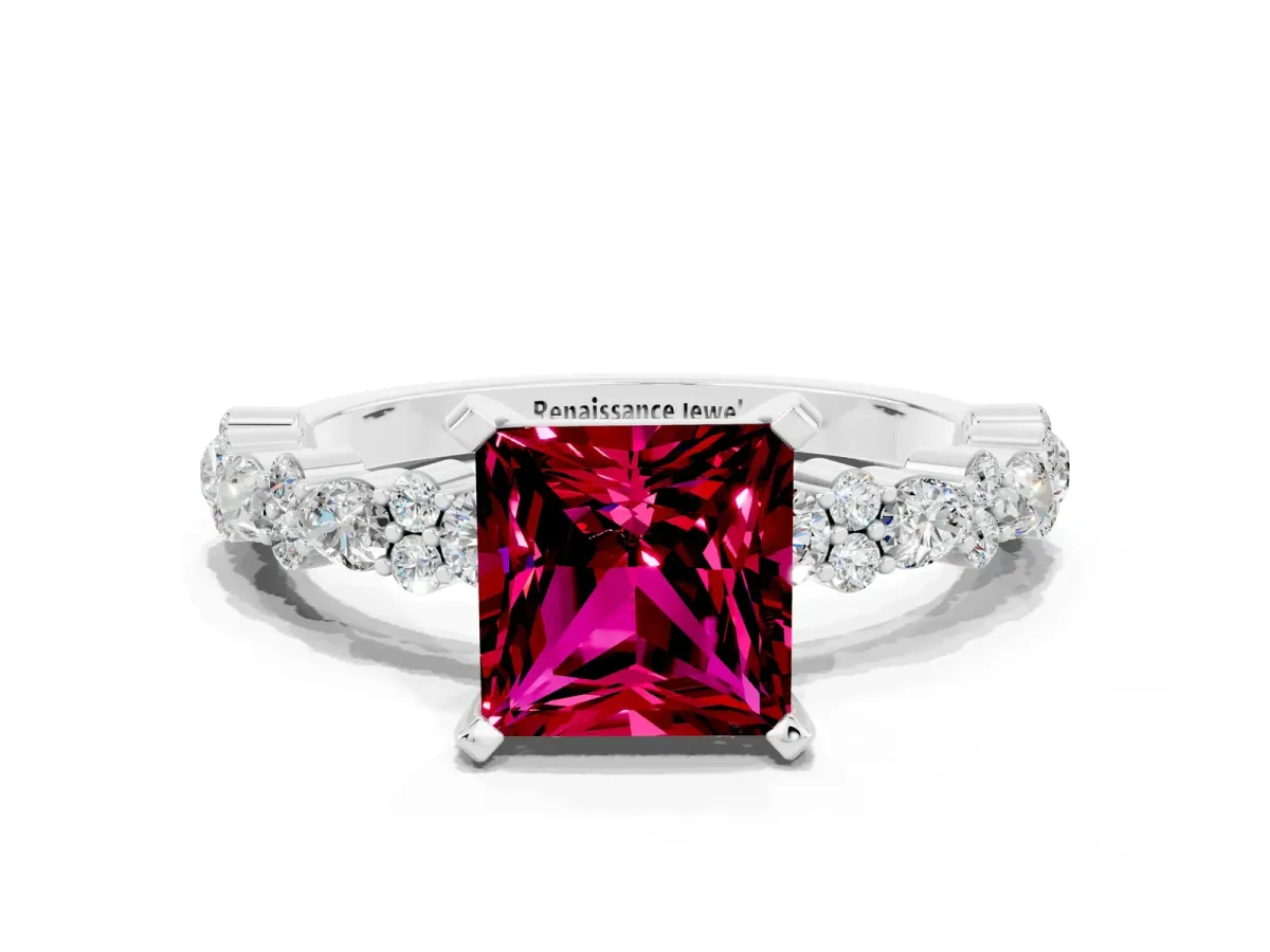 Princess Cut Garnet Side Stone Solitaire Ring with Round and Four-Prong Setting Silver