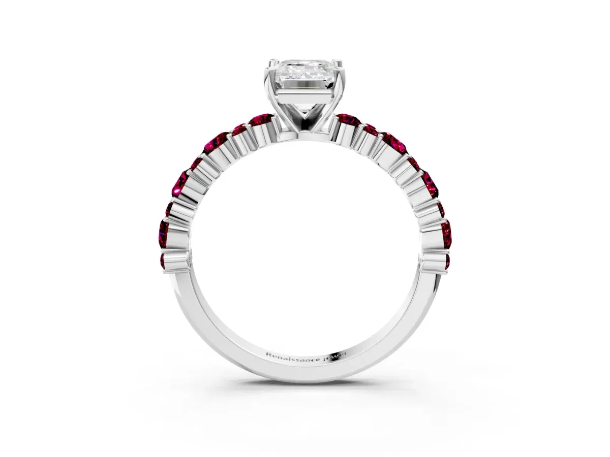 Emerald Cut Diamond Side Stone Solitaire Ring with Round Garnet and Four-Prong Setting White gold