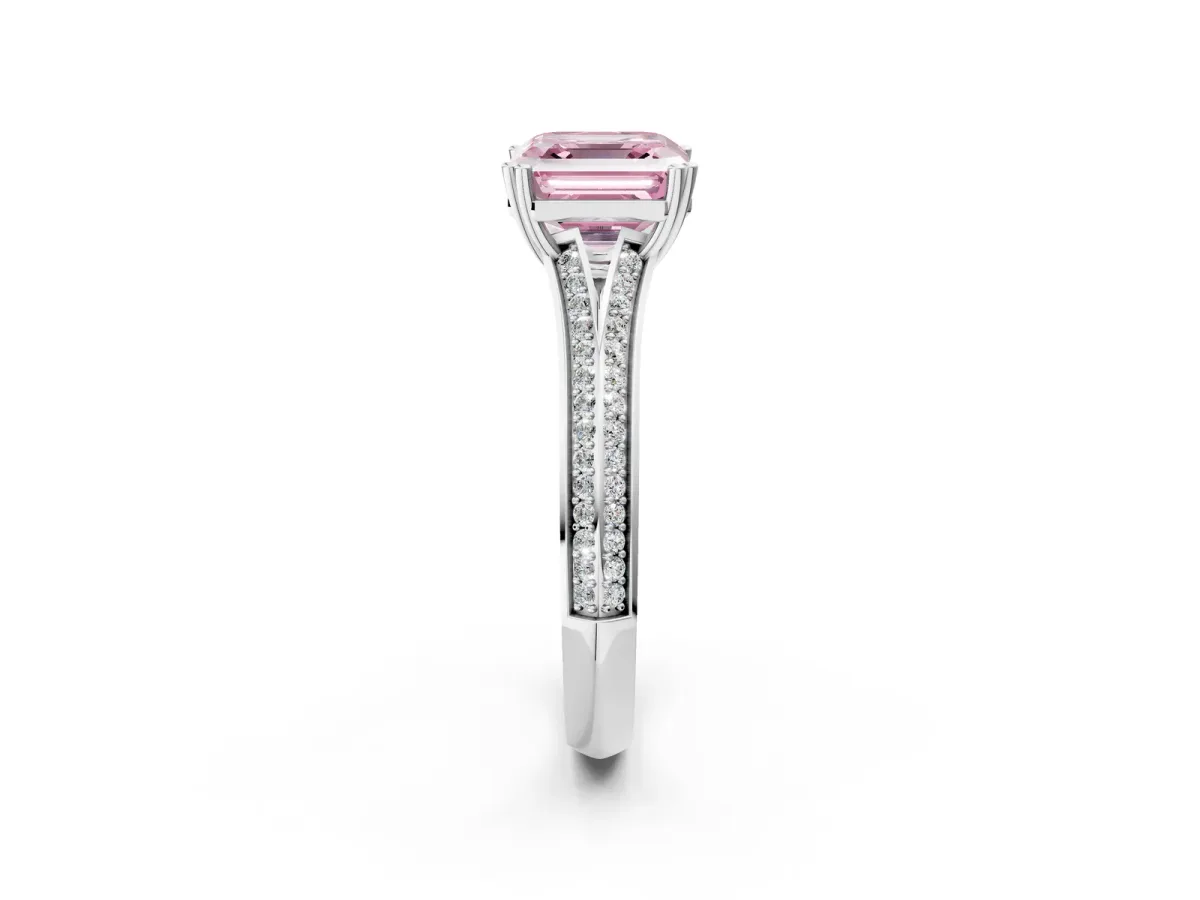 Fancy Pink Asscher Cut Diamond Split Shank Engagement Ring with Pavé Band Platinum