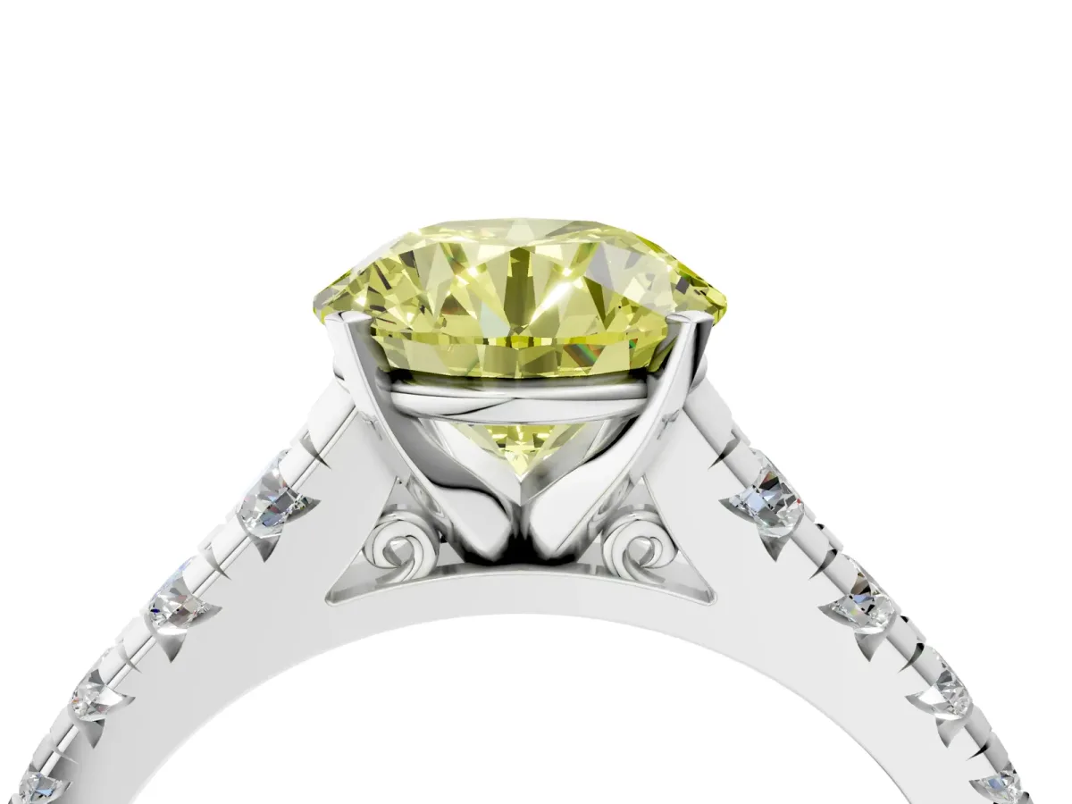 Fancy Yellow Round Cut Diamond Cathedral Solitaire Ring with Round Pavé Band Silver