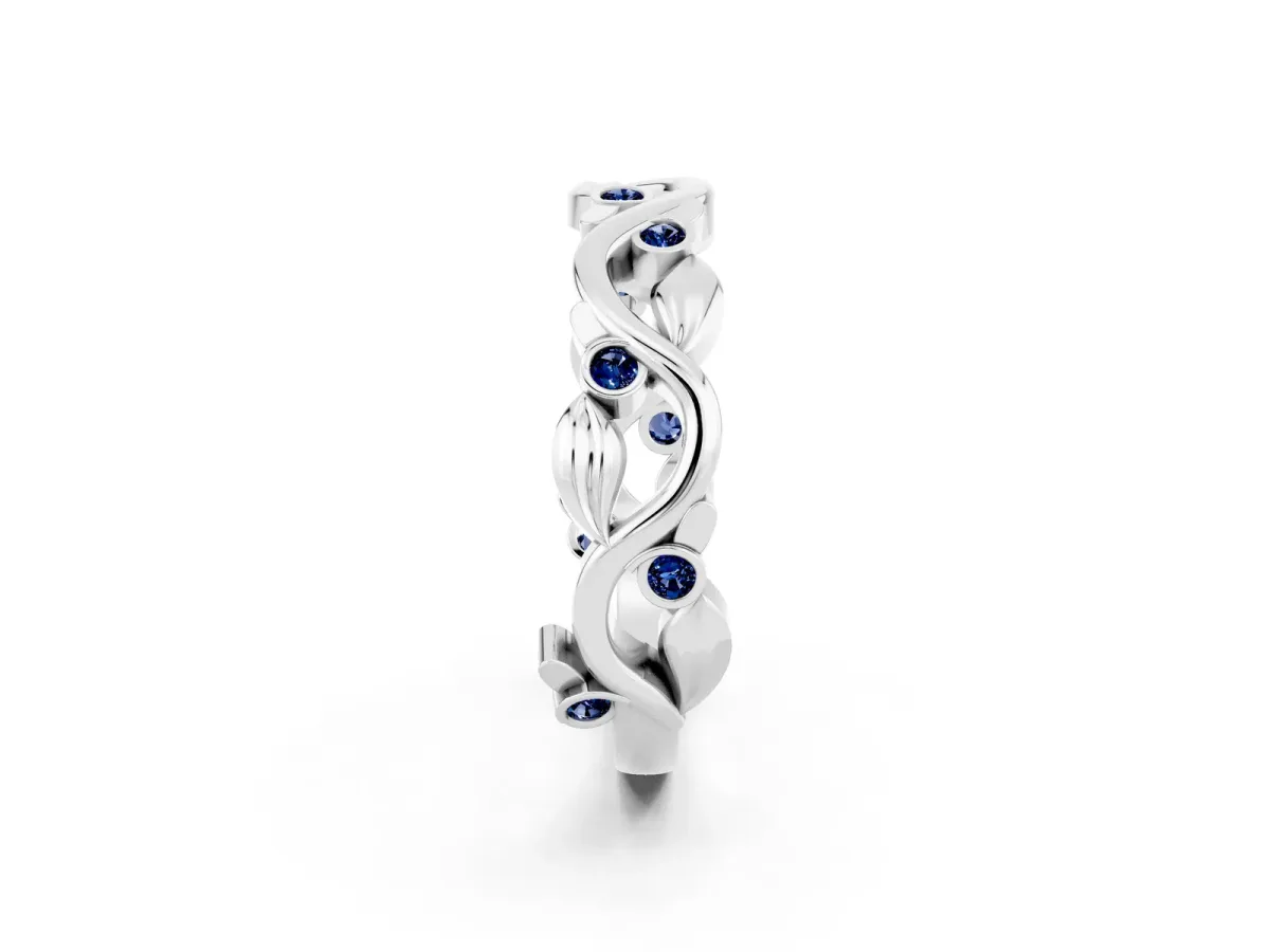 Round Blue Sapphire Leaf Eternity Band with Bezel Setting White gold