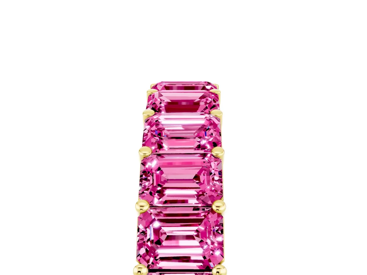 Emerald Cut Pink Sapphire Eternity Band with Shared Prong Setting Yellow gold