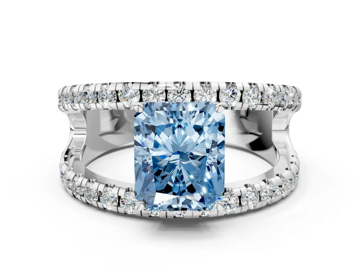 Fancy Blue Radiant Cut Solitaire Split Shank Pave Diamond Ring Platinum