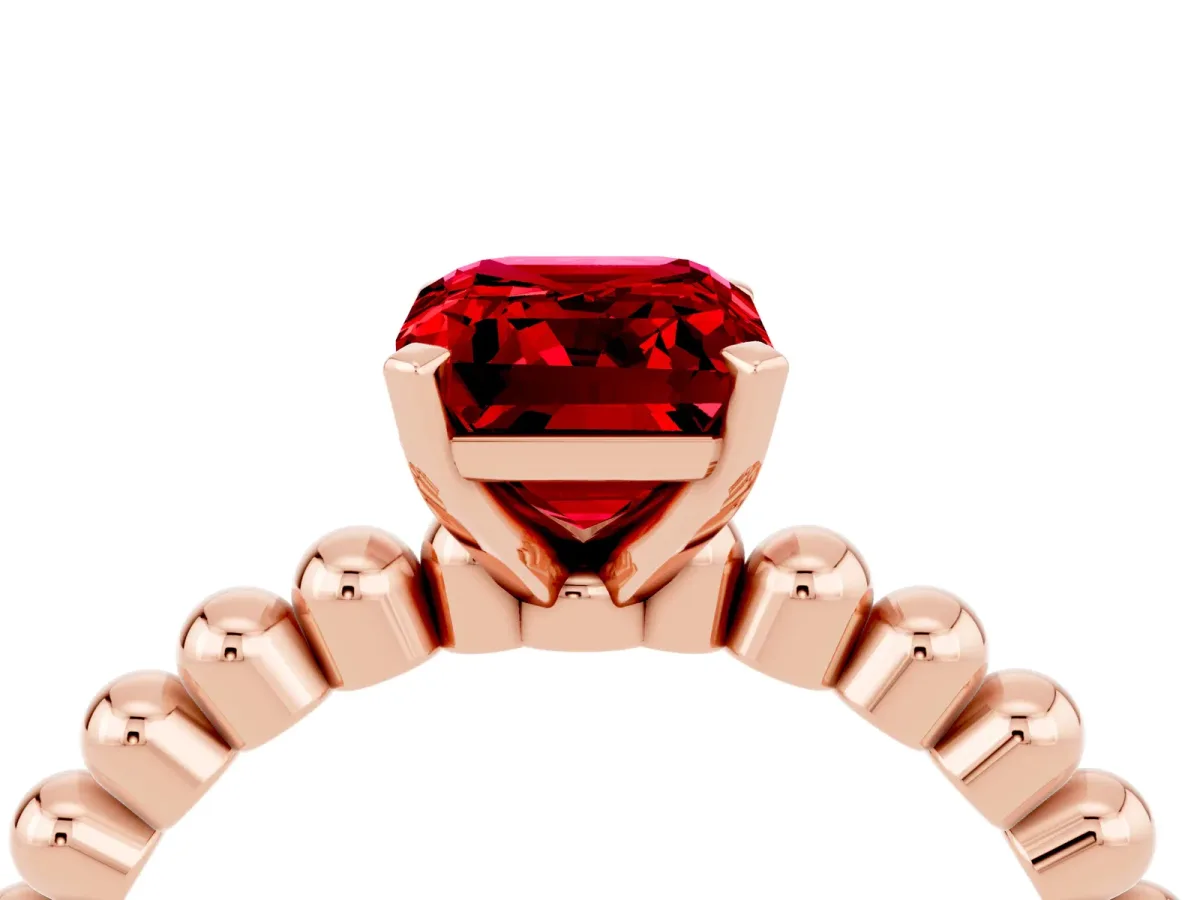 Emerald Cut Ruby Solitaire Ring with Beaded Band and Prong Setting Rose gold