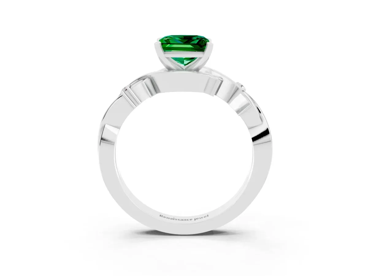 Princess Cut Emerald Solitaire Ring with Twisted Band and Prong Setting Silver