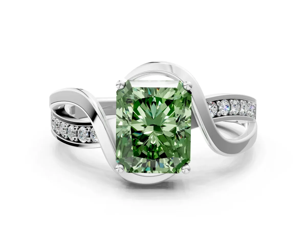 Fancy Green Radiant Cut Solitaire Twisted Band with Prong Setting Platinum