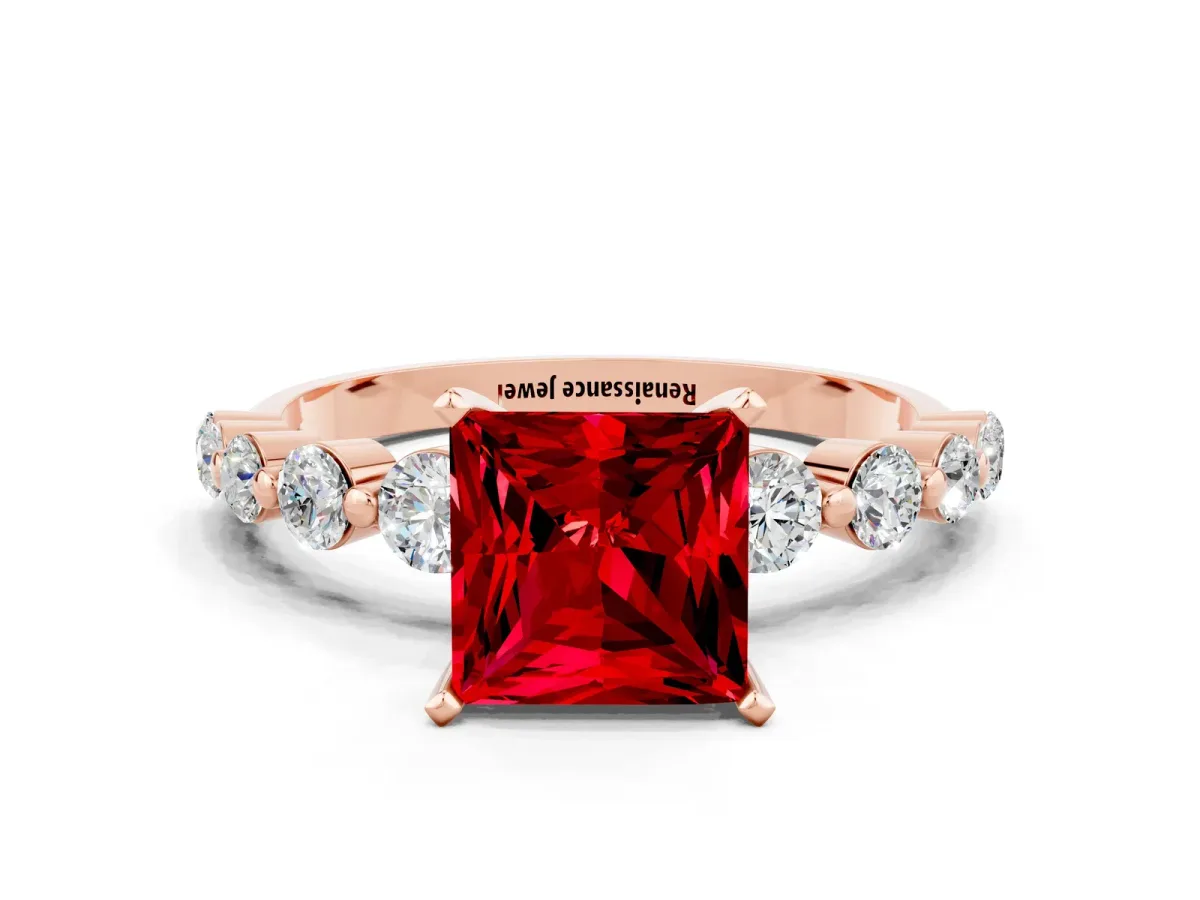 Princess Cut Solitaire Ruby Ring with Pave Band and Four-Prong Setting Rose gold