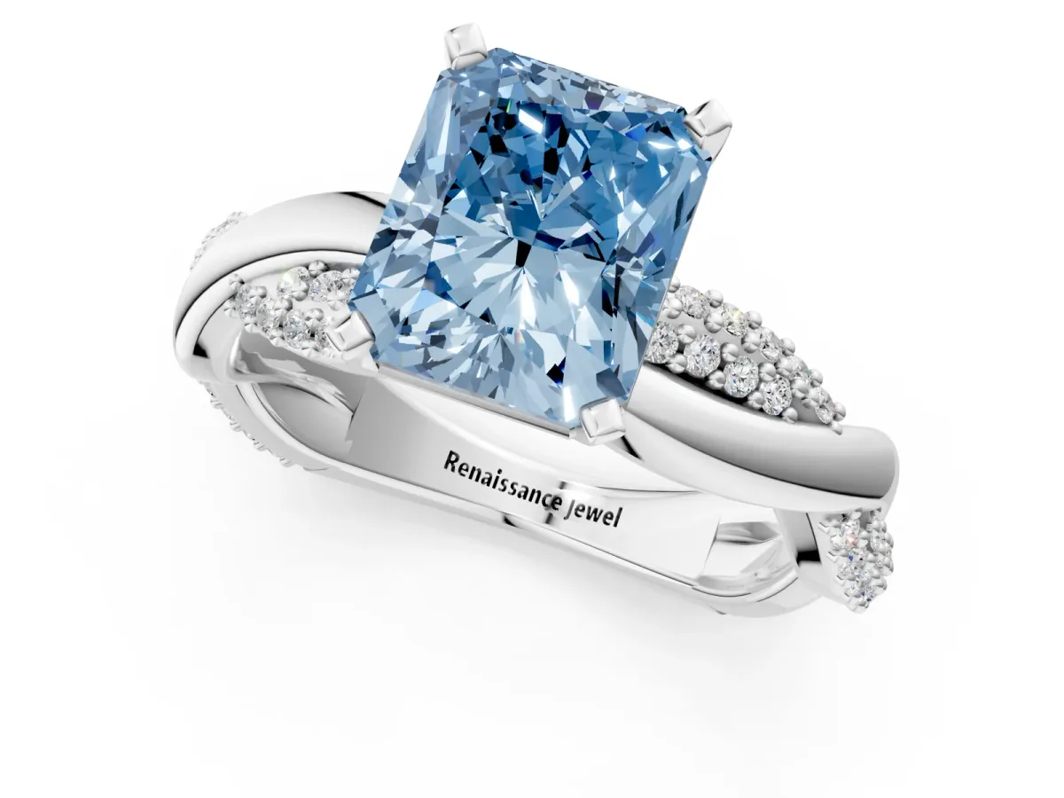 Fancy Blue Radiant Cut Solitaire Twist Band with Pave Prong Setting Platinum