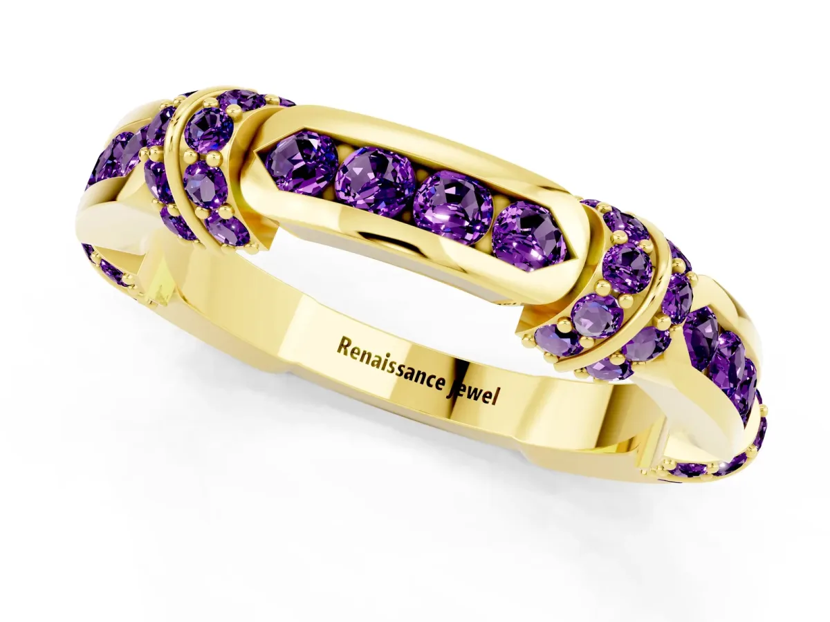 Pavé Round Amethyst Link Band with Bezel Setting Yellow gold