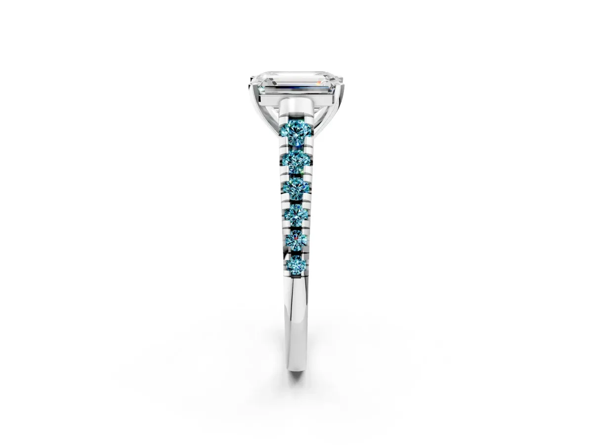 Emerald Cut Diamond Cathedral Solitaire Ring with Round Blue Topaz Pavé Band Silver