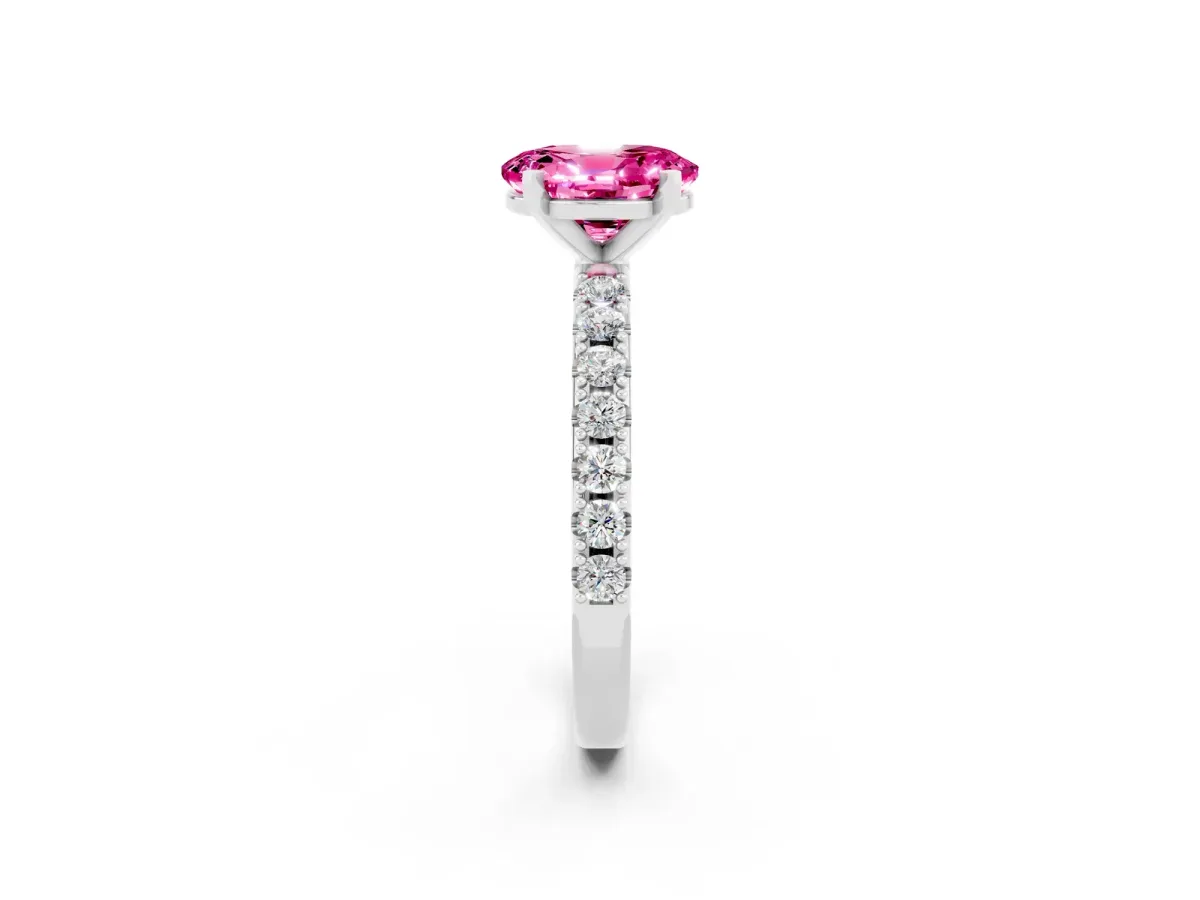 Oval Cut Pink Sapphire Solitaire Pavé Band with Four-Prong Setting Silver