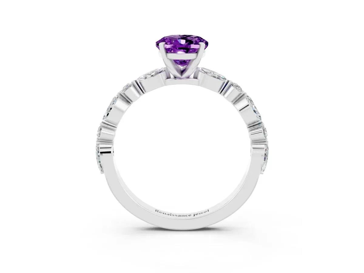 Oval Cut Amethyst Ring with Marquise and Round Side Stones and Four-Prong Setting Silver