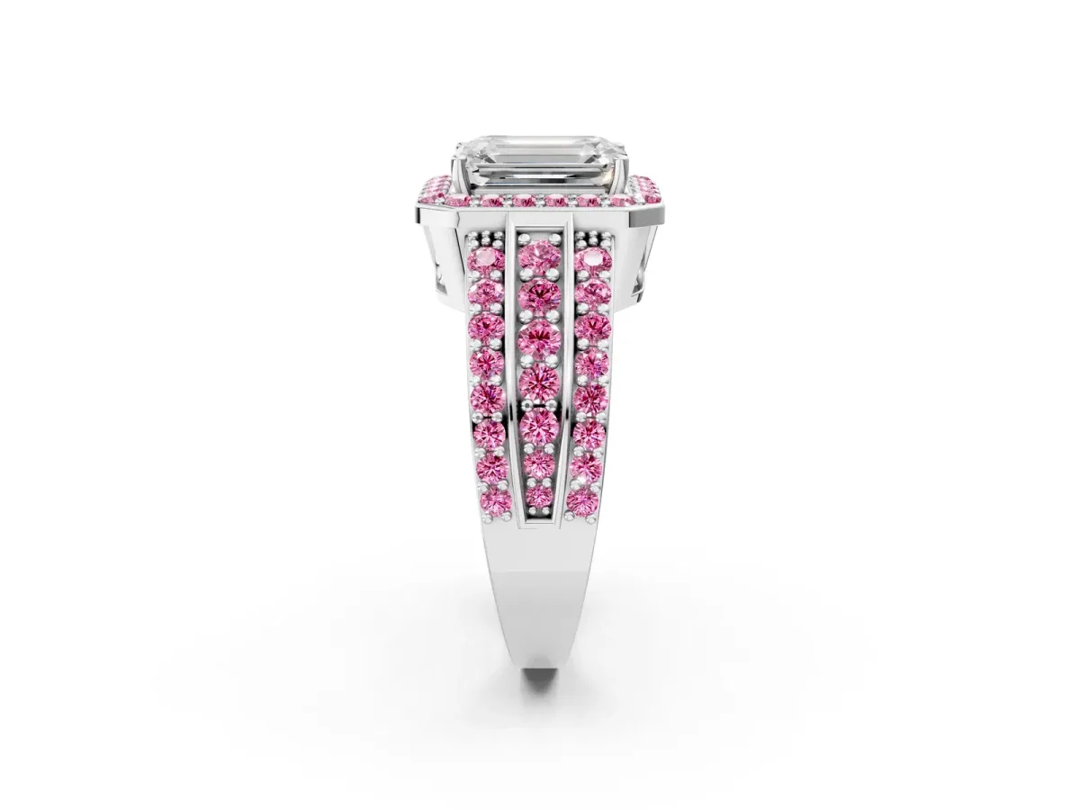 Emerald Cut Halo Diamond Ring with Round Pink Sapphire Split Shank and Prong Setting Silver