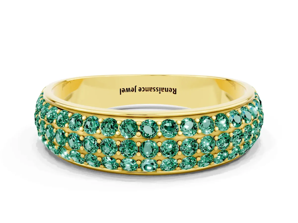 Three-Row Round Green Sapphire Eternity Band with Shared Prong Setting Yellow gold