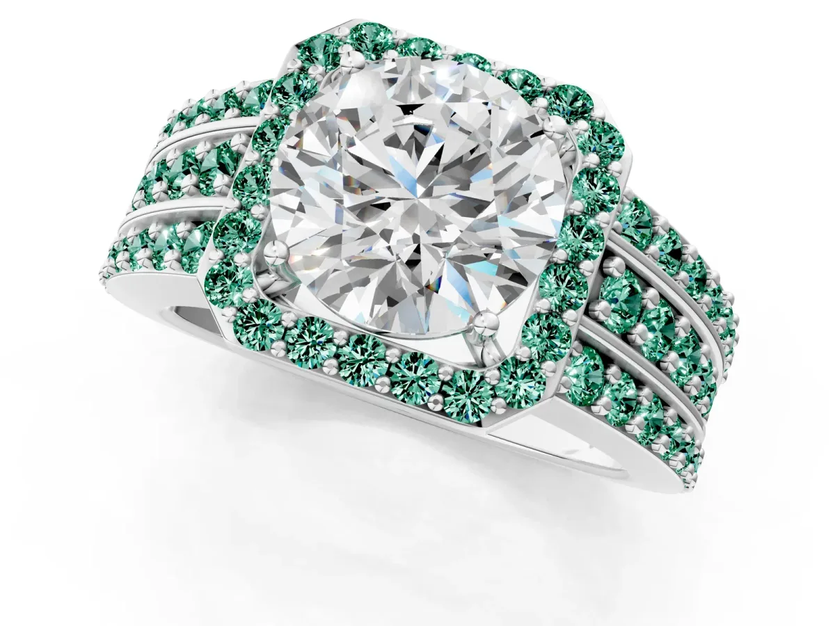Round Cut Halo Diamond Ring with Round Green Sapphire Split Shank and Prong Setting Silver