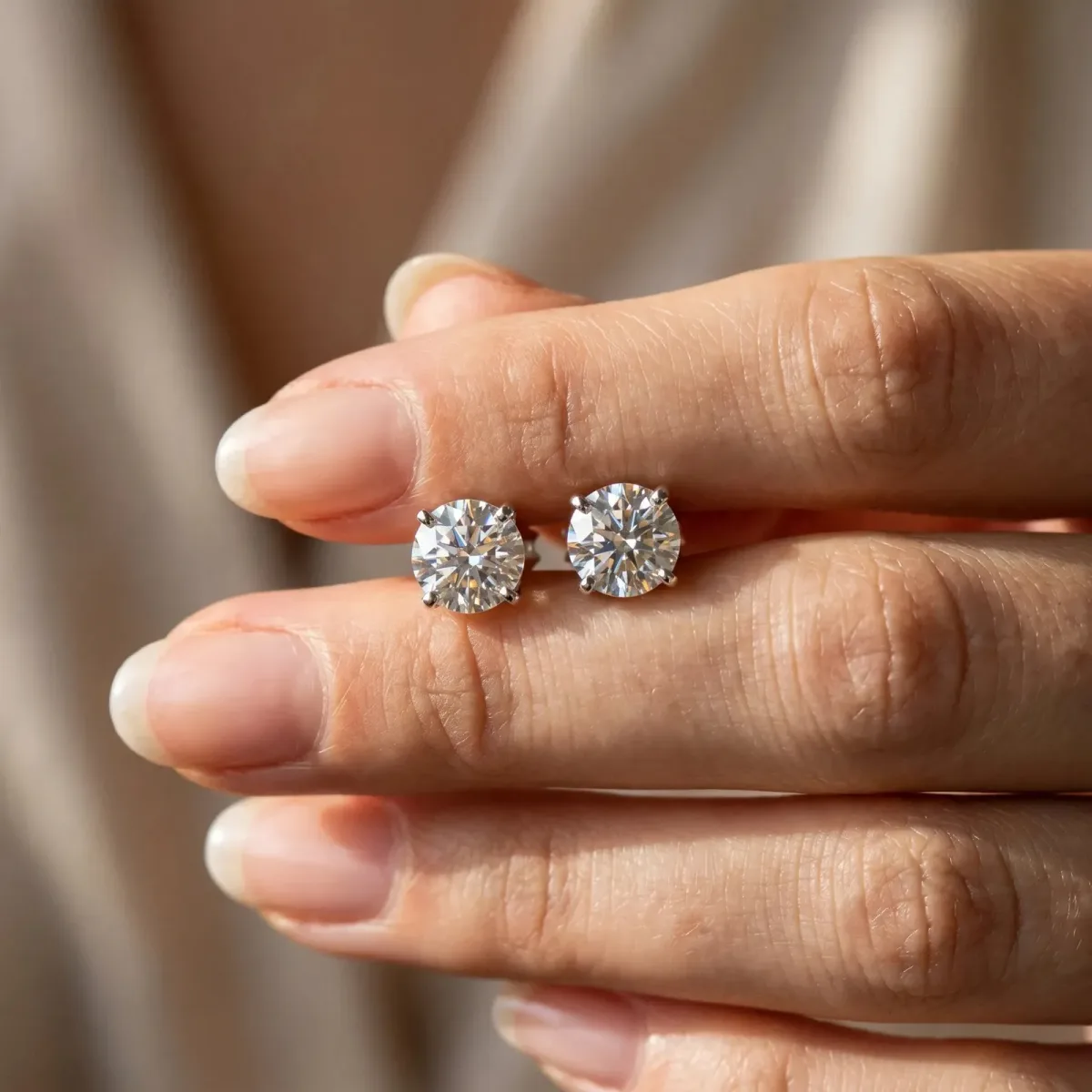 Round Solitaire Diamond Stud Earrings with Four-Prong Basket Setting Silver
