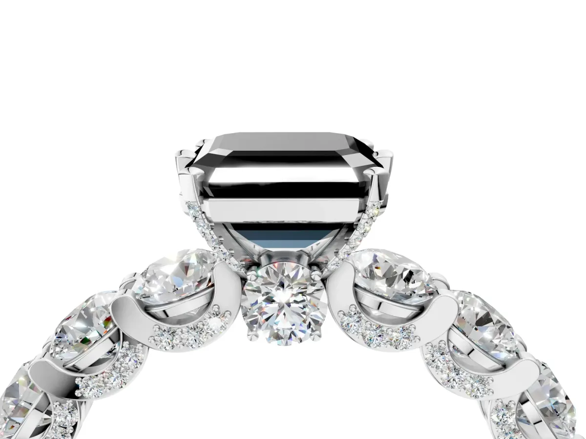 Fancy Black Asscher Cut Diamond Side Stone Engagement Ring with Four-Prong Setting Silver