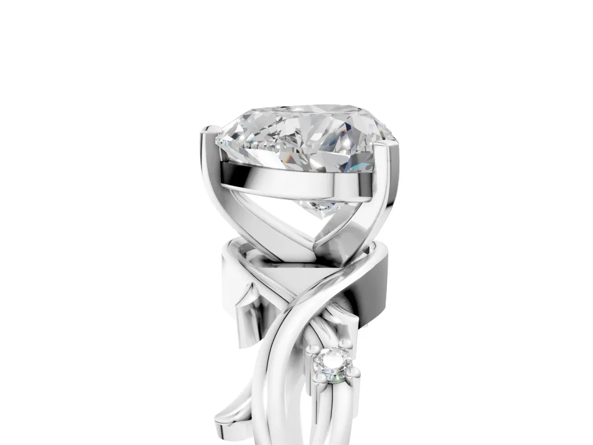 Heart Cut Diamond Solitaire Ring with Twisted Band and Prong Setting Silver