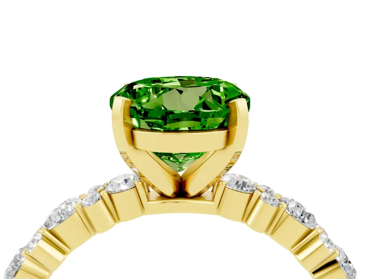 Round Cut Peridot Side Stone Solitaire Ring with Round and Four-Prong Setting Yellow gold