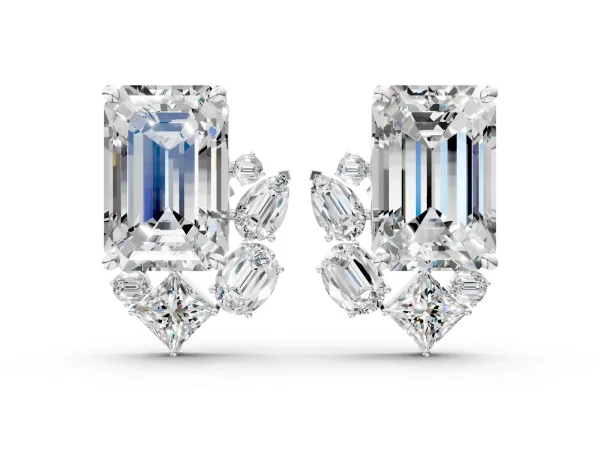 Emerald Cut Diamond Stud Earrings with Round and Oval Accents Silver